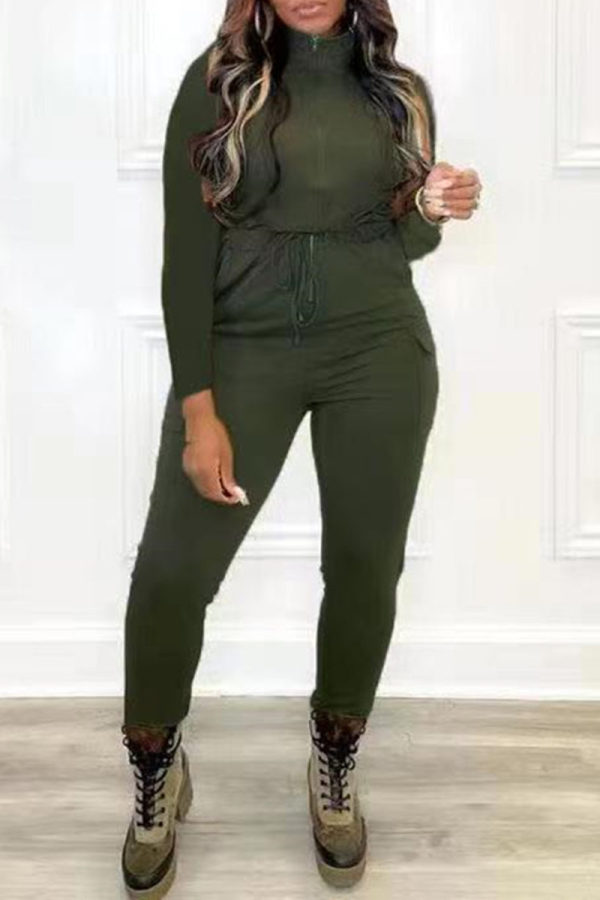 Ink Green Fashion Casual Solid Basic Zipper Collar Regular Jumpsuits