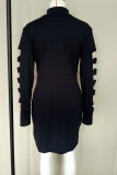 Black Casual Solid Ripped Patchwork Turtleneck One Step Skirt Plus Size Dresses
