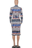 Blue Casual Print Patchwork With Belt Zipper Collar One Step Skirt Dresses