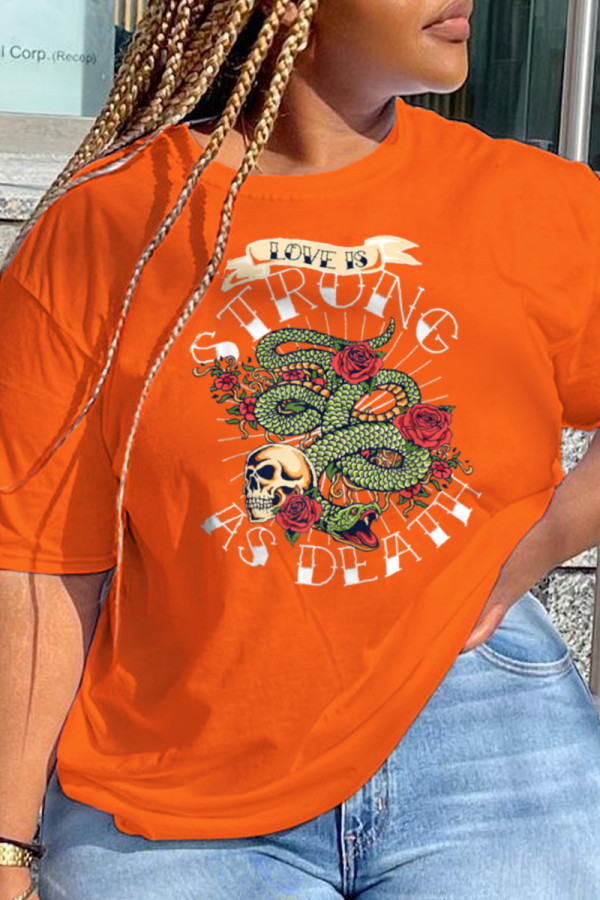 Orange Fashion Party Print Patchwork O Neck T-Shirts