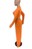 Orange Casual Print Patchwork O Neck Long Sleeve Two Pieces