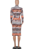 Blue Casual Print Patchwork With Belt Zipper Collar One Step Skirt Dresses