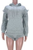 Grey Casual Street Solid Patchwork Fold Stringy Selvedge Hooded Collar Long Sleeve Two Pieces