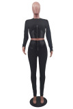 Black Fashion Casual Patchwork Solid Zipper Half A Turtleneck Long Sleeve Two Pieces