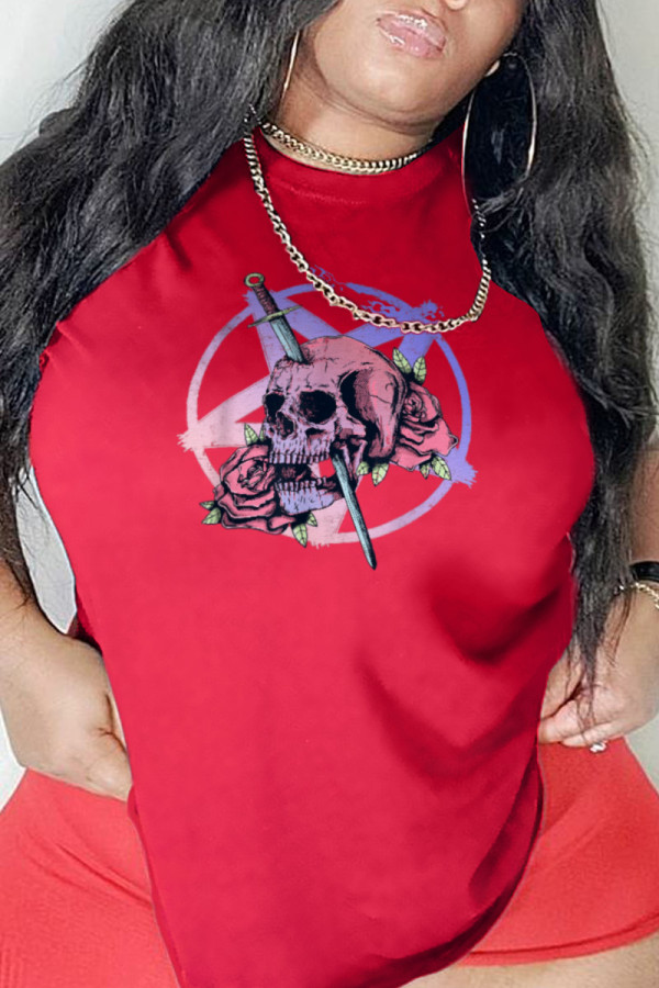 Red Casual Party Print Patchwork O Neck T-Shirts