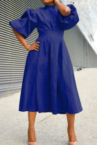 Deep Blue Fashion Casual Solid Split Joint Half A Turtleneck A Line Dresses