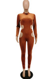 Brown Sexy Casual Solid Hollowed Out O Neck Skinny Jumpsuits