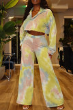 Yellow Fashion Casual Tie Dye Printing Turndown Collar Long Sleeve Two Pieces
