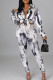 Grey Casual Print Patchwork Buckle Turndown Collar Long Sleeve Two Pieces