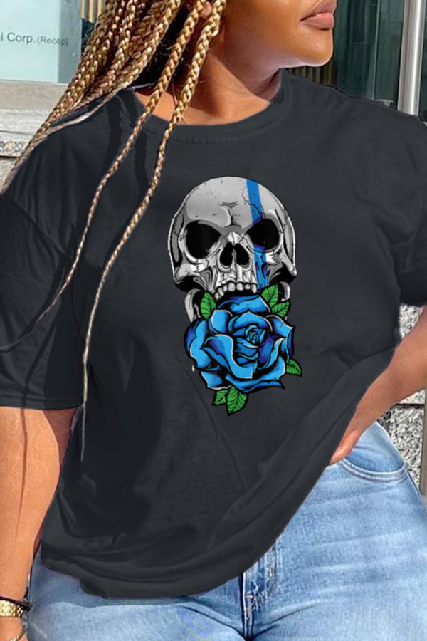 Black Casual Party Print Patchwork O Neck T-Shirts