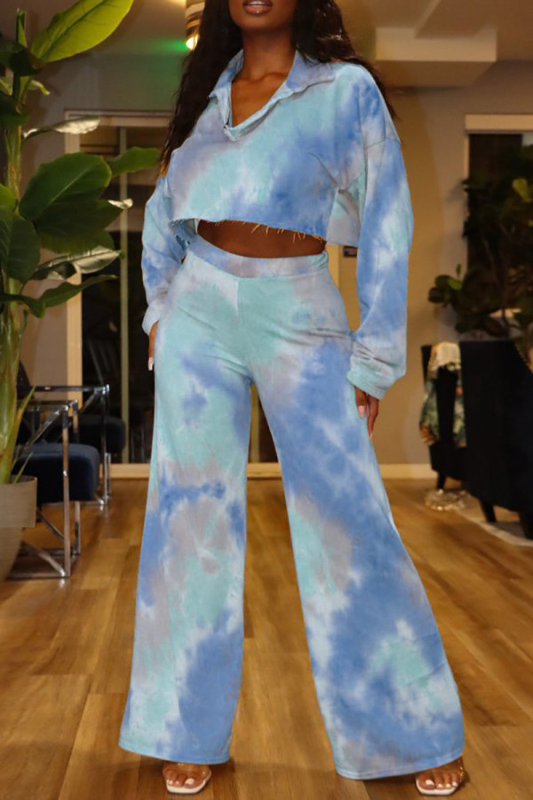 Blue Fashion Casual Tie Dye Printing Turndown Collar Long Sleeve Two Pieces