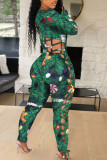 Multi-color Sexy Print Hollowed Out Split Joint Frenulum O Neck Regular Jumpsuits