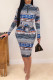 Blue Casual Print Patchwork With Belt Zipper Collar One Step Skirt Dresses
