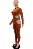 Brown Sexy Casual Solid Hollowed Out O Neck Skinny Jumpsuits