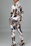 Coffee Casual Print Split Joint Buckle Turndown Collar Long Sleeve Two Pieces