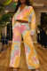Lemon Yellow Fashion Casual Tie Dye Printing Turndown Collar Long Sleeve Two Pieces