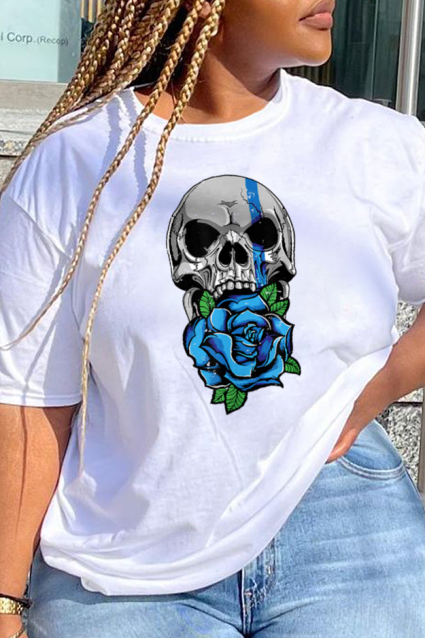 White Casual Party Print Patchwork O Neck T-Shirts
