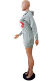 Light Gray Fashion Casual Lips Printed Basic Hooded Collar Long Sleeve Dresses
