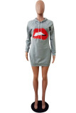 Light Gray Fashion Casual Lips Printed Basic Hooded Collar Long Sleeve Dresses