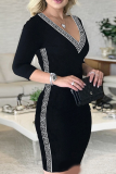 Black Casual Print Patchwork V Neck Pencil Skirt Dresses