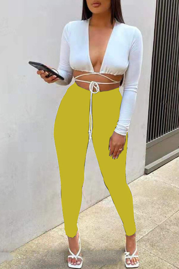 Yellow Sexy Solid Patchwork Frenulum V Neck Long Sleeve Two Pieces