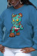 Blue Fashion Sweet Print Patchwork O Neck Tops