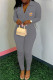 Grey Fashion Simplicity Print Patchwork Turndown Collar Jumpsuits