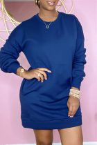 Deep Blue Fashion Casual Solid Basic O Neck Long Sleeve Dresses
