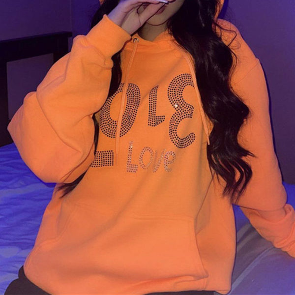Orange Fashion Casual Hot Drilling Basic Hooded Collar Tops