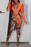 Tangerine Sexy Print Patchwork Frenulum V Neck Long Sleeve Two Pieces