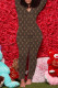 Brown Fashion Sexy Print Patchwork V Neck Jumpsuits