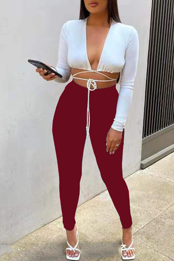 Burgundy Sexy Solid Patchwork Frenulum V Neck Long Sleeve Two Pieces