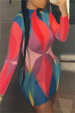 Pink Sexy Casual Print Basic Half A Turtleneck Long Sleeve Dresses