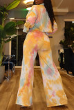 Yellow Fashion Casual Tie Dye Printing Turndown Collar Long Sleeve Two Pieces