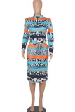 Blue Casual Print Patchwork With Belt Zipper Collar One Step Skirt Dresses
