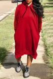 Burgundy Casual Solid Split Joint Hooded Collar Straight Dresses