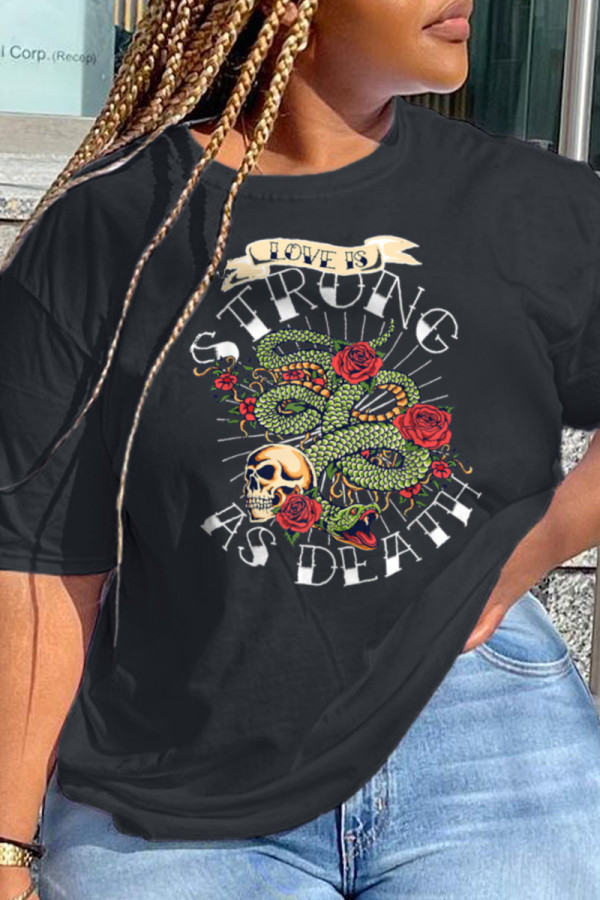 Black Fashion Party Print Patchwork O Neck T-Shirts