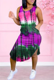 Purple Fashion Casual Tie Dye Printing O Neck Vest Dress