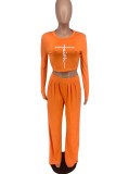 Orange Casual Print Patchwork O Neck Long Sleeve Two Pieces