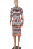 Blue Casual Print Patchwork With Belt Zipper Collar One Step Skirt Dresses