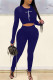 Deep Blue Casual Print Patchwork O Neck Long Sleeve Two Pieces