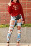 Red Fashion Casual Print Basic Hooded Collar Tops