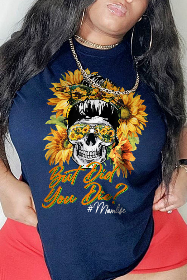 Navy Blue Casual Party Print Patchwork O Neck T-Shirts