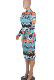 Blue Casual Print Patchwork With Belt Zipper Collar One Step Skirt Dresses