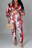 Red Casual Print Split Joint Buckle Turndown Collar Plus Size Two Pieces