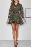 Camouflage Fashion Camouflage Print Sequins Patchwork Turndown Collar Long Sleeve Dresses