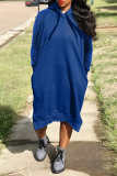 Blue Casual Solid Split Joint Hooded Collar Straight Dresses