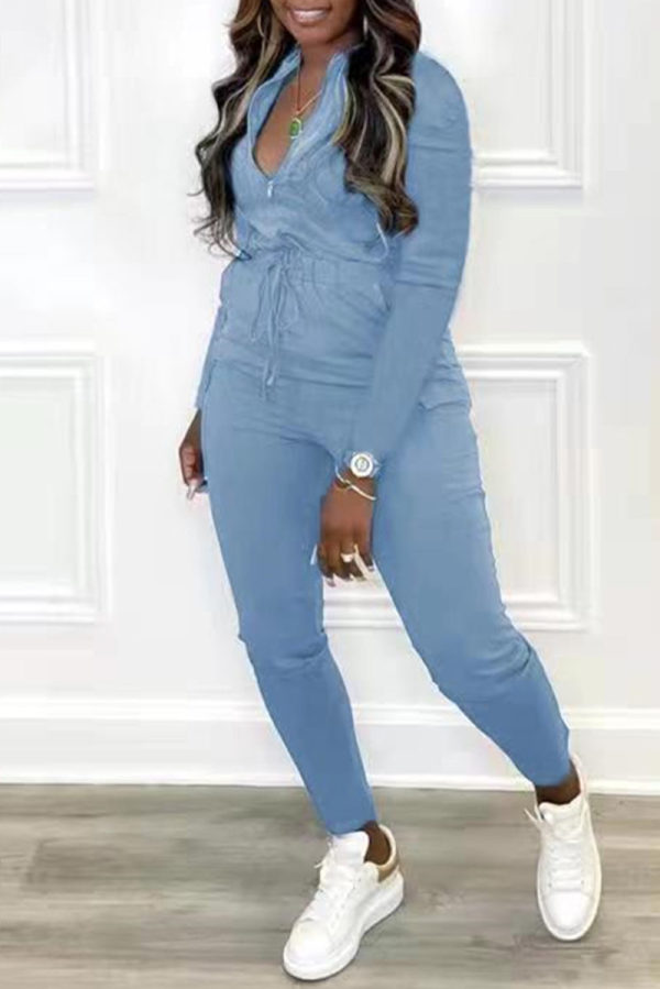 Blue Fashion Casual Solid Basic Zipper Collar Regular Jumpsuits