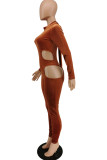 Brown Sexy Casual Solid Hollowed Out O Neck Skinny Jumpsuits