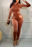 Brown Sexy Casual Solid Hollowed Out O Neck Skinny Jumpsuits